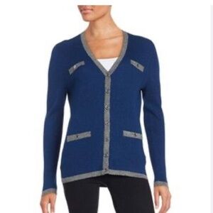 Karl Lagerfeld Paris V-Neck Knit Cardigan sweater Blue & Gray Women size small